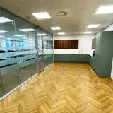 Office fit out glass partition kitchen area