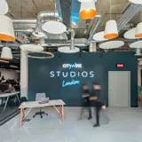 Office fit out feature branding and ceiling lights