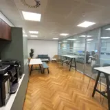 Office fit out glass partition kitchen area